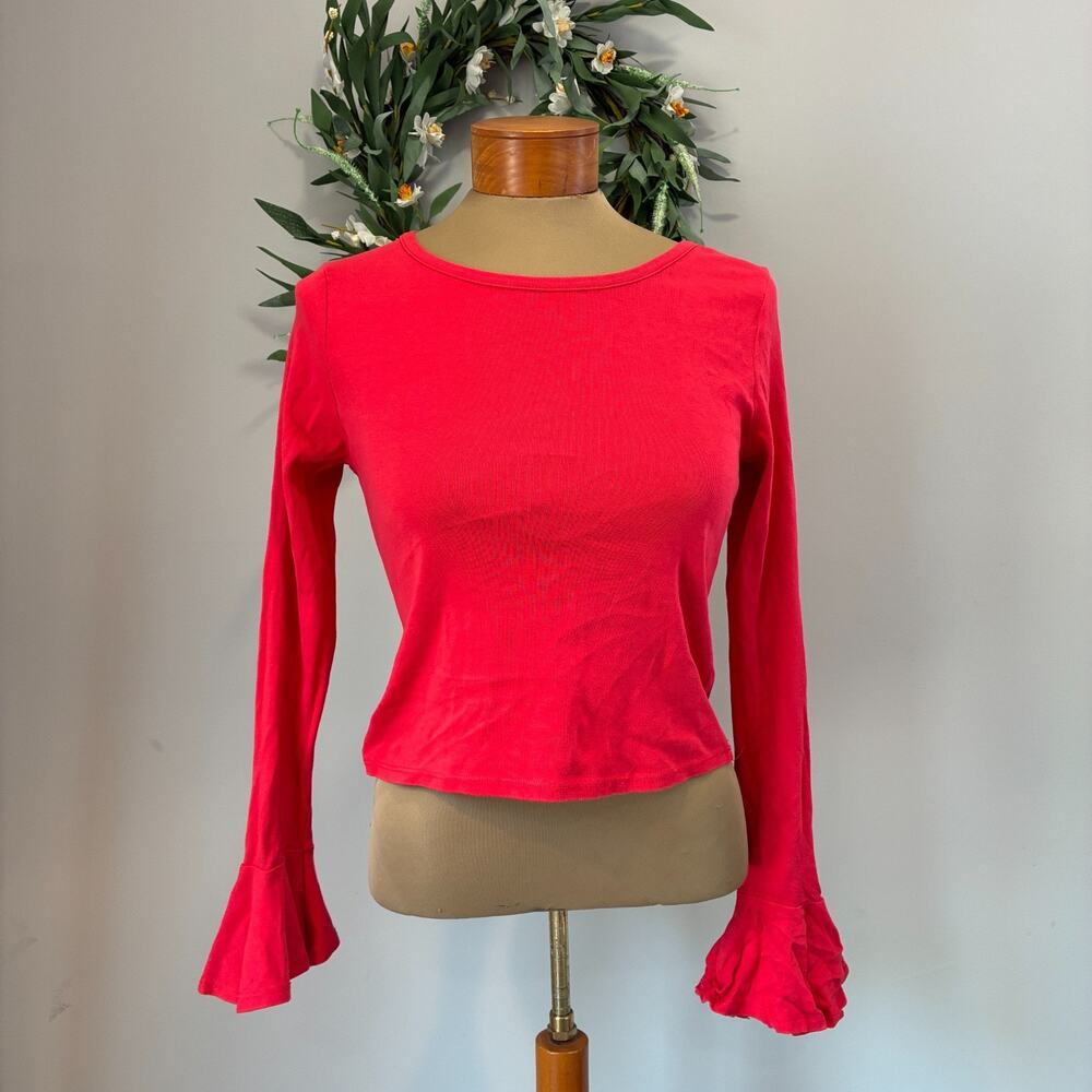 Anthropologie Maeve Flouncy Bell Sleeve Top Red Long Sleeve Minimalist, Size S